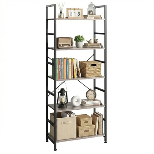 DUMOS 5 Tiers Bookshelf, Classical Book Shelf, Tall Display Shelves in Living Room/Home/Office, Storage Organizer for CDs/Books/Movies, Wood Grey