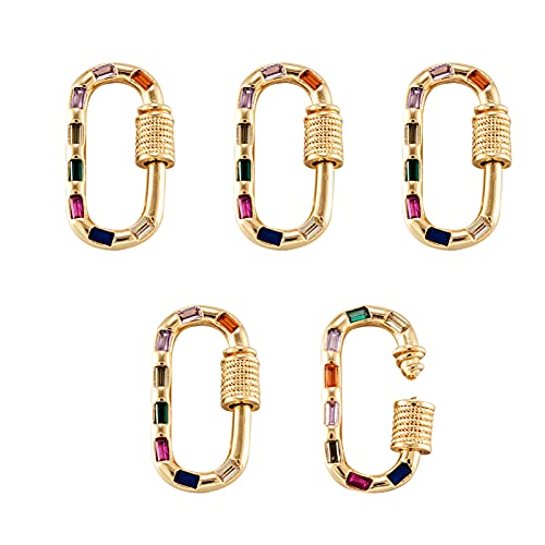 FASHEWELRY 5Pcs Brass Cubic Zirconia Screw Carabiner Lock Charms Oval Necklace Lock Clip Charms Colorful for DIY Jewelry Making, 23.5x13.5x3mm
