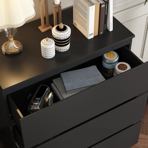 Image of Tall Nightstand with 3 Drawers, Modern Handleless Bedside Table for High Beds, Large Storage End Table, Wood Side Cabinet for Bedroom Black 30.3 inch W x 15.7 inch D x 32.3 inch H