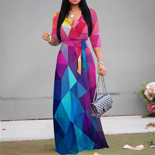 Image of PinkPatty Women's Plus Size Maxi Dresses Casual Flowy 3 /4 Sleeves Dress Printed Vacation Dress for Daily Wear with Belt