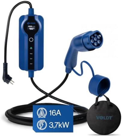 VOLDT Typ 2 Ladekabel Schuko 3,7 kW + APP, 1-phasig, 8A - 16A, verstellbare EV-Ladegerät mit steuerbarer Digitalanzeige für Elektroauto, Ladekabel für Elektrofahrzeuge, IP69 wasser