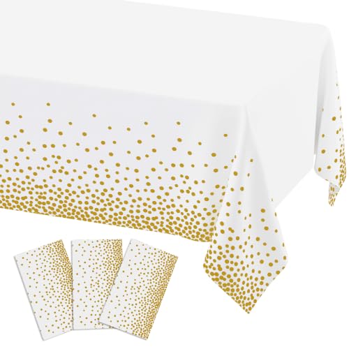 Smiry 3 Pack Dot Disposable Tablecloth, 54 x 108 Inch Waterproof Plastic Table Cloth, Decorative Table Covers for Picnic, Birthday, Party, Outdoor, Gold in White