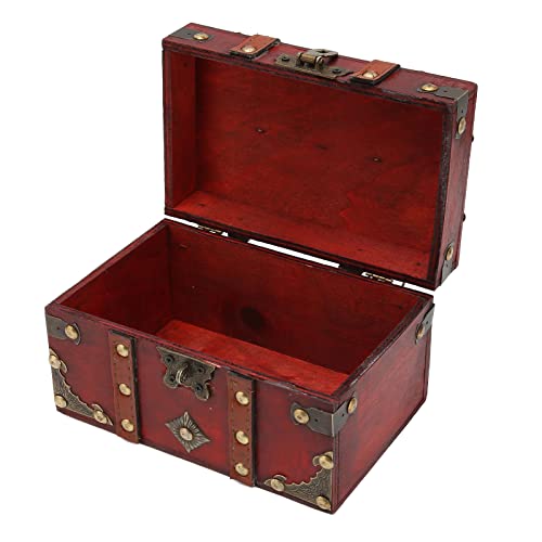 Liyjtk Vintage Wooden Treasure Chest Box With Lock, Small Rectangle Antique Wood Storage Jewelry Boxes European Decorative Handmade Case Holder Organizer Trinket Keepsake For Home Bedroom Decor (Red) #TOP5
