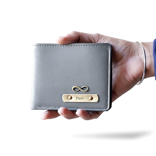 Image of Innovative Gifts Men's Personalized Wallet I Stylish Vegan Leather Slim Purse with Name & Charm I Customized Unique Gift for Birthday Anniversary Men Boy Love Husband Employees Clients (Grey)