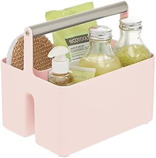 mDesign Under Sink Storage  Plastic and Metal Bathroom Caddy  Portable Cosmetics Storage Organiser  Light Pink/Matte Silver