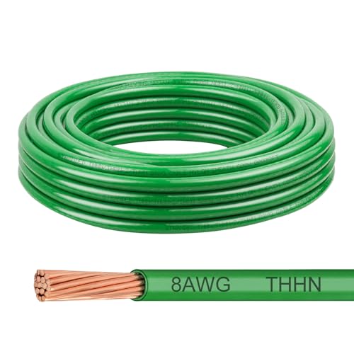 Image of THHN Wire 8 Gauge 25 FT, 8 AWG Stranded OFC Copper Electrical Building Wire with Nylon Jacket PVC Insulation, Rated 600V for Residential, Industrial, CNC, Ground (8 Gauge, Green)