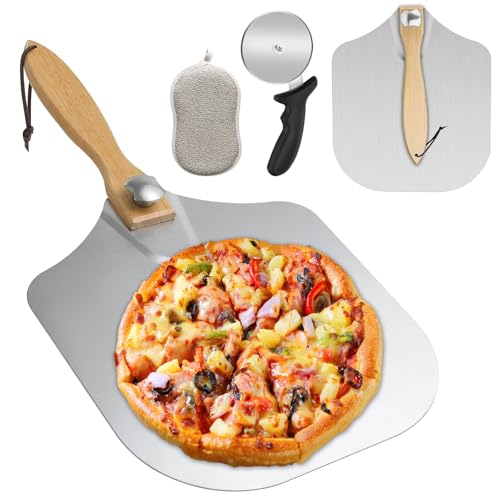 Pizza Peel, 14 x 12 in Food Grade Aluminum Pizza Paddle, Pizza Shovel with Cutter Wheel, Foldable Wooden Handle Easy Detachable Storage, Oven Accessories for Homemade Baking Dough Pizza Bread Cakes