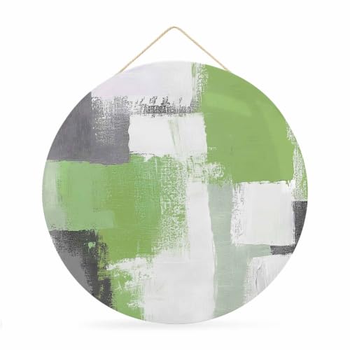 11" Round Metal Tin Sign,Sage Green Oil Painting Art Metal Signs Rust-proof Circular Wall Art Decor Plaque for Home Garden Bar Garage Cafe Living Room Kitchen,Grey Ombre Abstract Color Block