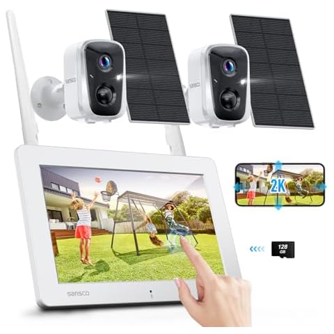 SANSCO 2K Solar Wireless Security Camera System with 4CH 7" Touchscreen Monitor, 2PCS 4MP WiFi Battery Powered Camera Outdoor with 128GB SD Card, PIR Human Detection, 2-Way Audio, Color Night Vision Cover