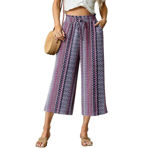 FREEOAK Bohemian Pattern Palazzo Pants for Women Dressy Wide Leg Cropped Capri Pants High Waist Summer Holiday Style with Pockets Size Large