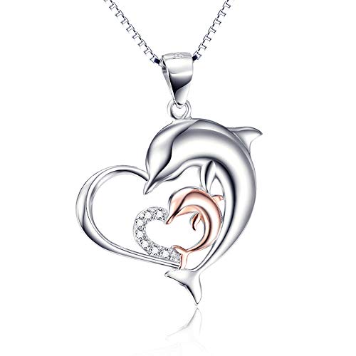 Pendentif en argent sterling monté sur chaîne composé de 2 dauphins formant un cœur