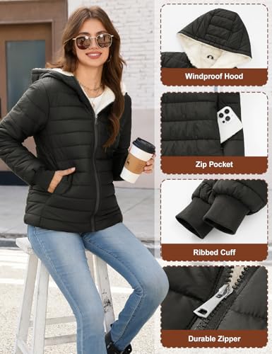Yuson Girl Winter Jacket for Women UK Ladies Lightweight Coat Hooded Quilted Padded Short Jackets Warm Fleece Lined Windproof Parka Quilted Padded Coat Zip Outerwear with Pockets(Black, L) - Image 3