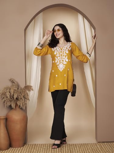 Image of Short Kurti for Women for Jeans, Chikankari Kurtis for Ladies, Lakhnavi V- Neck Women's Tunic Design Kurta, Floral Kurtas & Tunics for Woman