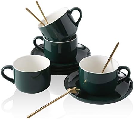 CHILDIKE Porcelain Coffee Cups and Saucers Set of 4 Dark Green, 8 Ounce Coffee Cup for Cappuccino, Latte, Cafe Mocha, Tea Party, Espresso