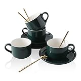 CHILDIKE Porcelain Coffee Cups and Saucers Set of 4 Dark Green, 8 Ounce Coffee Cup for Cappuccino, L