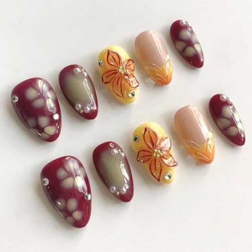 24Pcs Almond Press on Nails Short Fake Nails with Rhinestones Pearl Designs 3D Seashell Flowers and Hand-made False Nail Tips. 3D Flower Stick on Nails French Full Cover Artificial Glue on Nails