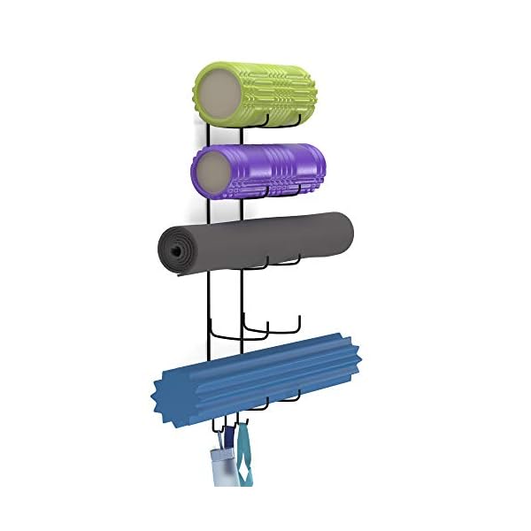 Wallniture Guru Foam Roller & Yoga Mat Holder Wall Mount with 3 Hooks for Hanging Yoga Strap, Resistance Bands, 5-Sectional Metal (Black)