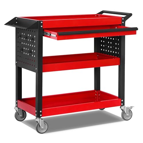 XCX 3 Tier Tool Cart on Wheels, Heavy Duty Metal Rolling with Drawers and Pegboards, 660 LBS Load Capacity Tool Storage Cart, Industrial Utility for Garage, Warehouse, Workshop