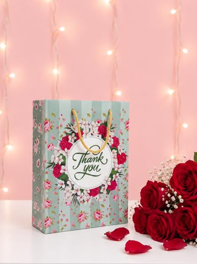 Premium Paper bags for gifting, thank you - (Pack of 10) Ideal for return gift, wedding, haldi, baby shower, anniversary, birthday, pooja, ceremonies - Medium size (Olive green colour - Floral design) (8x4x10 inch)-image-38