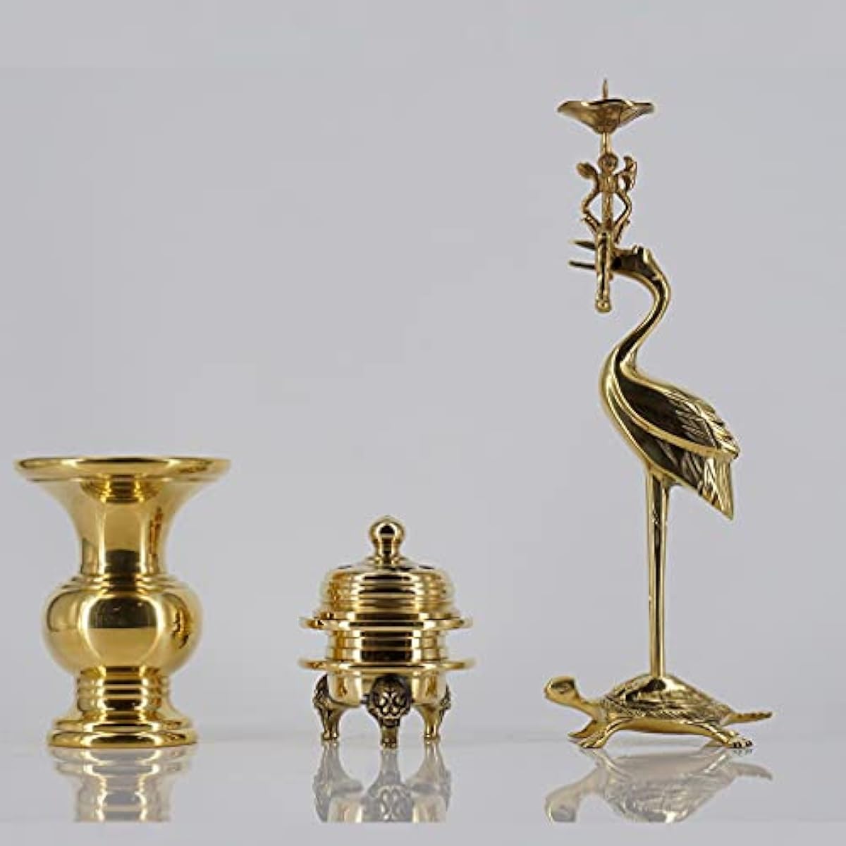 クリアランス純正 仏壇 仏具の窓口 利久型 丸型 鶴亀 三具足 磨き 3 5寸 花高11 0直径8 4口径7 7cm 非対面販売 Www Littleshopp Com