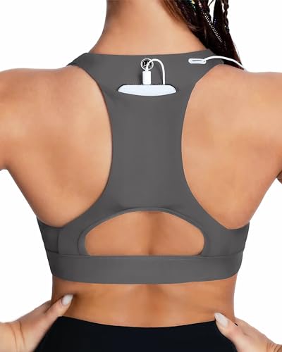 Image of QUEENIEKE BareFlow Women's Sports Bras with Phone Pocket Medium Impact Padded Racerback Workout Gym Crop Top Running Yoga Bra