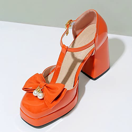 Women T Strap Mary Janes Platform Square Toe Bow Pumps Block High Heel Ankle Strap Lolita Shoes3