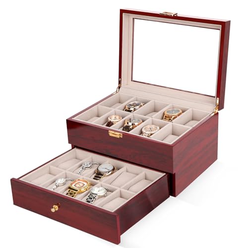 Homarket Wood Watch Box 20 Slots Glass Top Mens Watch Display Case Watch Box Organizer For Men Women Jewelry Storage Case With 20 Removable Soft Cushions Collection Boxes