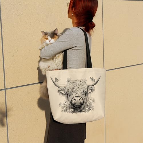 Sketch Highland Cattle Tote Bag Reusable Grocery Bags Cute Aesthetic Shopping Shoulder Handbag with Interior Zipper Pocket Stylish Sketch Highland Cattle Present for Women3