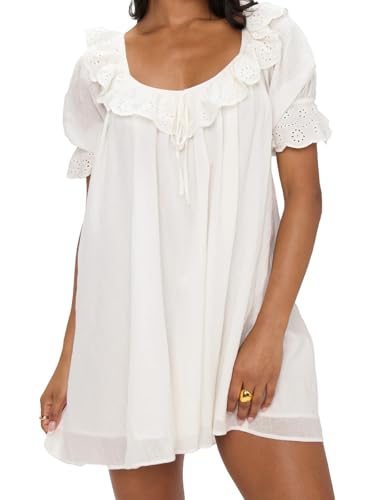 Meiyi station Womens Summer Boho Eyelet Babydoll Dress Ruffle Collar Puff Sleeve Scoop Neck Tie Back 2026 Casual Beach Short Dresses White