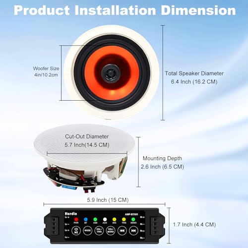 Image of Herdio 4 Inch 480 Watts High Power Bluetooth Ceiling Speakers - 4 Recessed Speakers, Crisp Surround Sound for Home Theater, Bedroom, Kitchen, Office & Covered Patio(2 Paris)