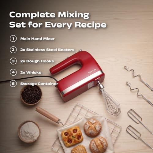 Image of Curaa Hand Mixer 300 Watts for Baking | 5 Speed Control with Turbo Mode | Electric Egg Beater with Whisk & Dough Hooks | Handheld Mixer for Cake, Cream, Dough, Buttermilk & Whipping | Red