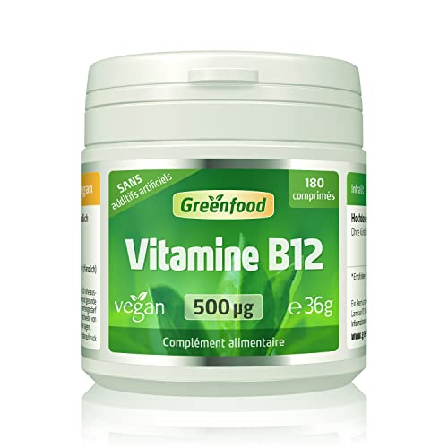 Greenfood Vitamine B12 (méthylcobalamine), 500 mg, dose élevée, 180 comprimés, vegan - pour un métabolisme énergétique normal. Sans additifs artificiels. Sans génie génétique.
