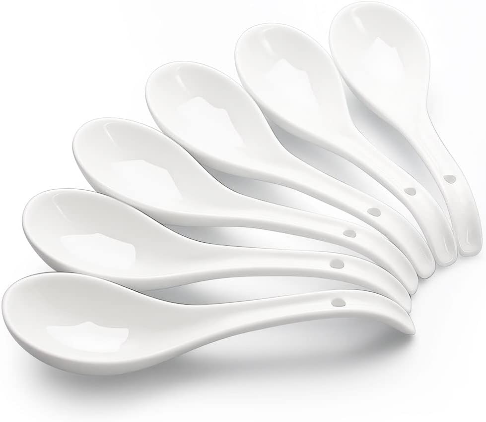 AOOSY Asian Soup Spoons,6.75 inch Ceramic Ramen Soup Spoons,Chinese Soup Spoons,Bright White Japanese Spoon Large for Ramen Pho Cereal,Wonton Dumpling Miso,Set of 6(White)