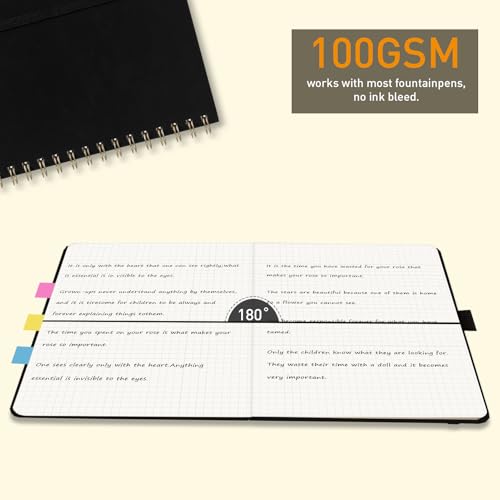 PYNEX Notizbuch A5 Kariert, Hardcover,Notebook, Notizblock Spiralbindung With 140 Blatt 100GSM, Tagebuch für Erwachsene,Schule - Schwarz