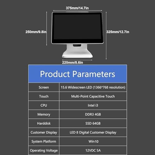 Caixa registradora POS - tela sensível ao toque de monitor de 15,6 polegadas, caixa registradora de
