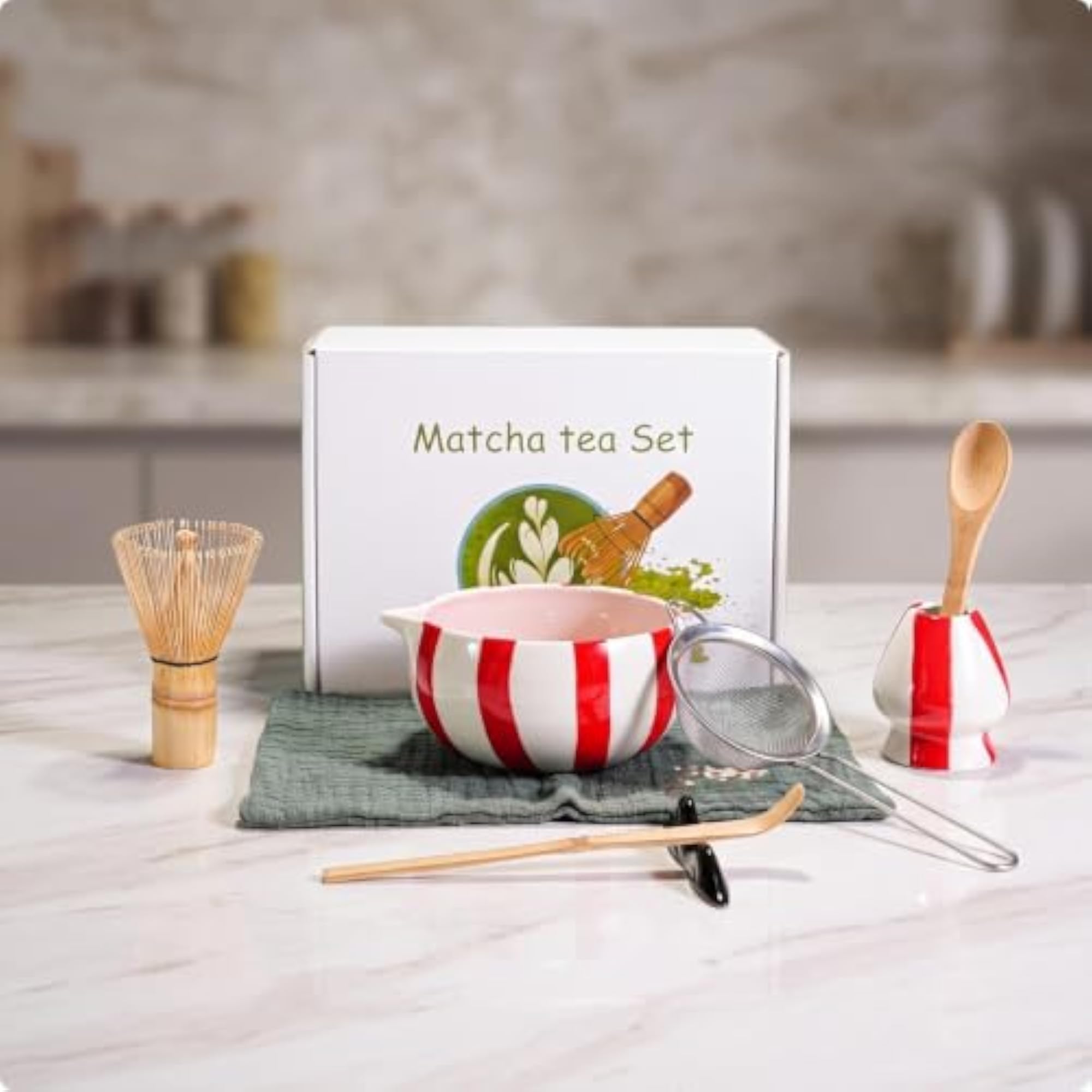 8 Pieces Matcha Whisk Set with Bowl, Glossy Glazed Ceramic