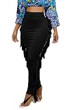 LYANER Women's Fringed Side Tassels Elastic Waist Slim Bodycon Pencil Maxi Skirts Black Small