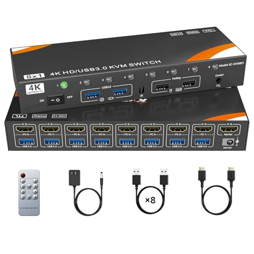 KVM Switch 8 Computers 1 Monitor HDMI 4K@60Hz EDID Simulation, USB 3.0 HDMI KVM Switch for 8