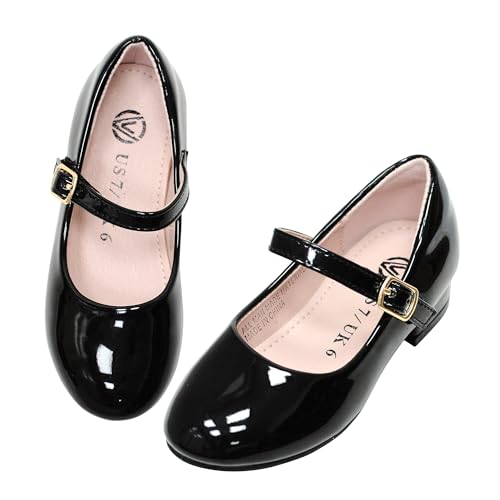 LseLom Girls Dress Shoes Mary Jane Shoes for Girls Low Heel Princess Hook and Loop Dance Shoes Party Wedding Flats for Little Girls Black Toddler 9 by LseLom - Used condition - US$20.23
