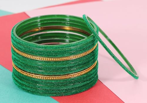 Image of NMII Glass Bangles For Women and Girls with Velvet and Golden Ballchain Linked | Plain Glass Bangles | Velvet Chudi Set | Bangles For Women | Stylish Glass Chudi Bangles- Set of 28