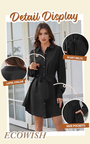 Image of ECOWISH Womens Button Shirt Dress with Pockets Fall Summer Short Mini Dresses Long Sleeve 3 /4 Sleeve Long Tunics Blouse Belt