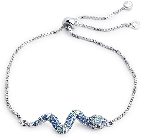 Karseer Snake Shape Bracelet with Adjustable Sliding Metal Knot & Cubic Zirconia Charm Tassel, Color Crystals Micro Paved Animal Jewelry Gift for Girls and Women, White Gold