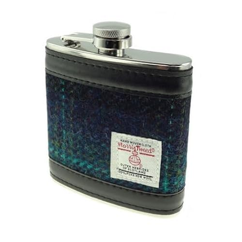Kilts Wi Hae Dark Blue Turquoise Check Harris Tweed 6Oz Stainless Steel Pocket Hip Flask