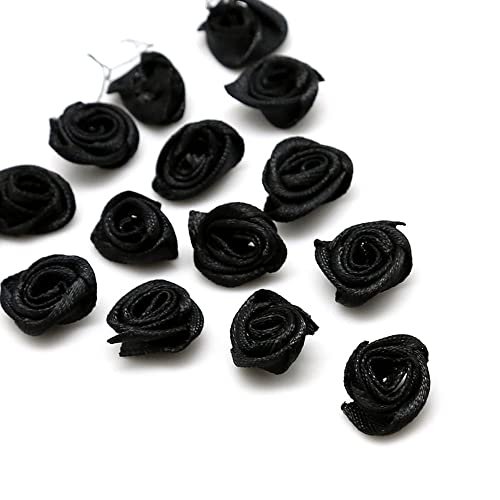 Pack of 100 Roses 1.5 cm Small Artificial Flowers Rose Heads Satin Roses Sew On Flowers Appliques for Craft Patches Decorative Roses Mini Fabric Roses DIY Accessories Home Wedding Decoration Black
