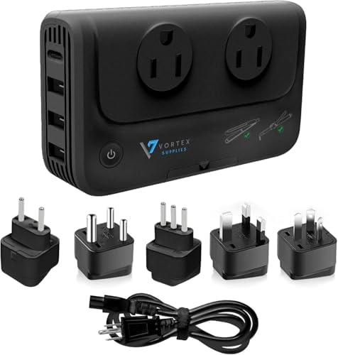 International Travel Adapter & Voltage Converter 220V to 110V, 2 Standard AC outlets, 5 adaptors (US Power Cable, Type C/L/I/M/G), Fast Charging Type-C Port, & 3 USB Ports