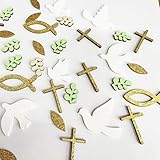 GoldRock Holz Konfetti Deko Taufe Mädchen Junge,70 Stk Taufen Deko Grün,Tischdeko Taufe,Streudeko Kommunion,Konfirmation Dekoration,Streudeko Kreuz Fische Taube für Babyparty, Babyshower,Erstkommunion