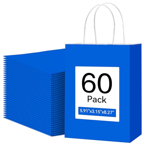 Qioxiou 60 Pack Blue Gift Bags 5.91x3.15x8.27 Small Size Kraft Paper Bags with Handles Bulk for Birthday Wedding Party Favors Grocery Retail Shopping Business Goody Craft Gift Bag Sacks
