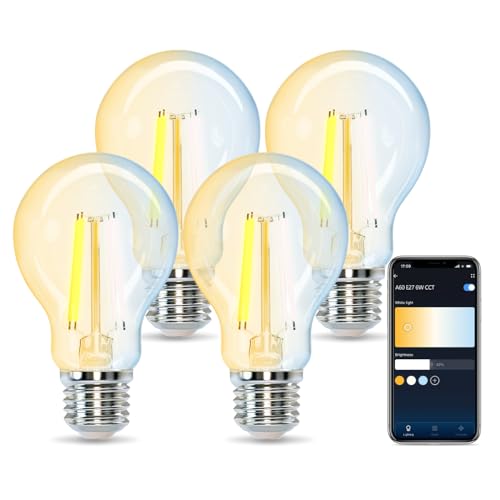 Aigostar Bombilla Vintage Inteligente E27 LED Bombilla Alexa 6W 850LM Bombilla Edison WIFI A60 Bombilla Filamento Regulable 2700K-6500K, compatible con Alexa/Google Home. Transparente 4 Unidades