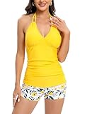 SERENYOU Tankini Damen Zweiteilig Badeanzug V Ausschnitt Rückenfrei Bademode Push up Bauchweg Strandmode Oberteile und Badeshorts Stil 3 M