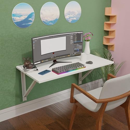 Image of Compal Multipurpose Wall Mounted Table, Glossy Finish Engineered Wood Study Table /Office Table Stand /Laptop Table Foldable Table (Premium Glossy White, 16X32 Inches)